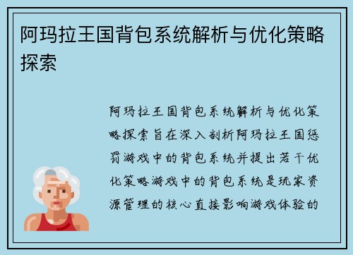 阿玛拉王国背包系统解析与优化策略探索